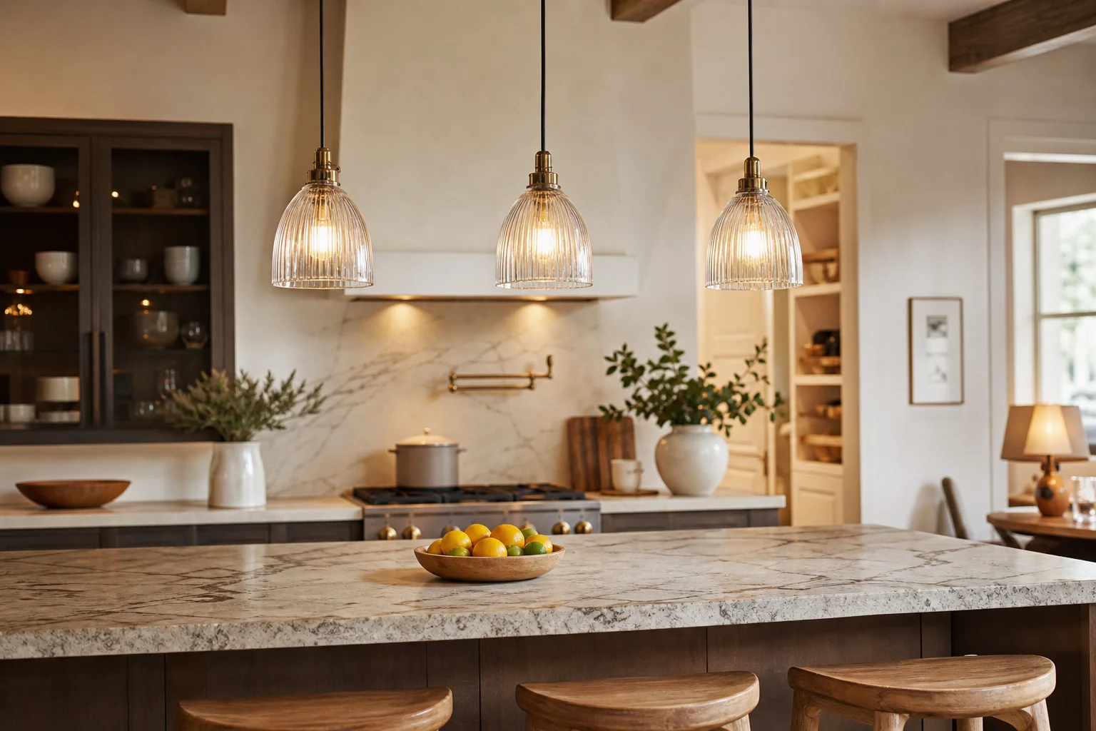 Warm pendant-style light illustrating kitchen island lighting height