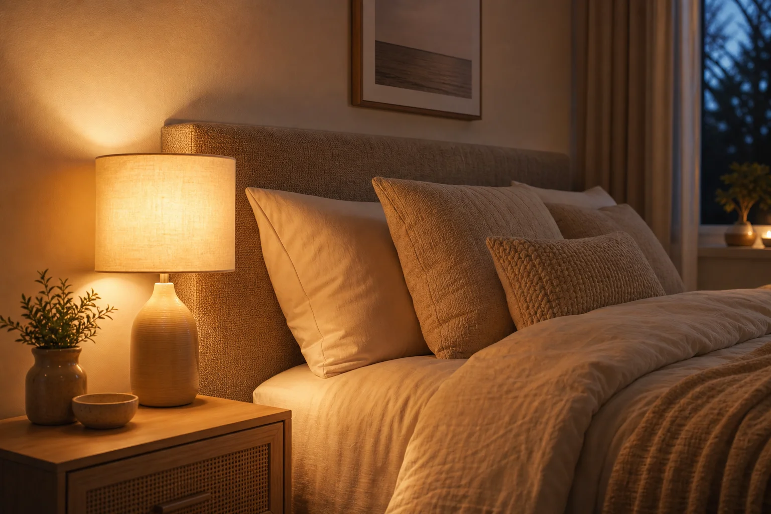 Warm bedside lighting creating a calm bedroom atmosphere