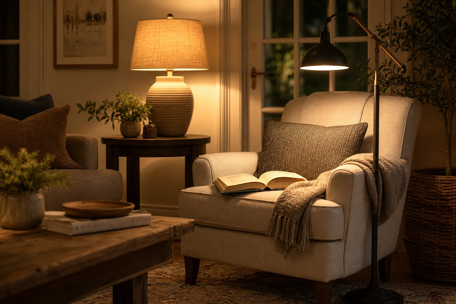 Soft table lamp demonstrating ambient light in a layered room