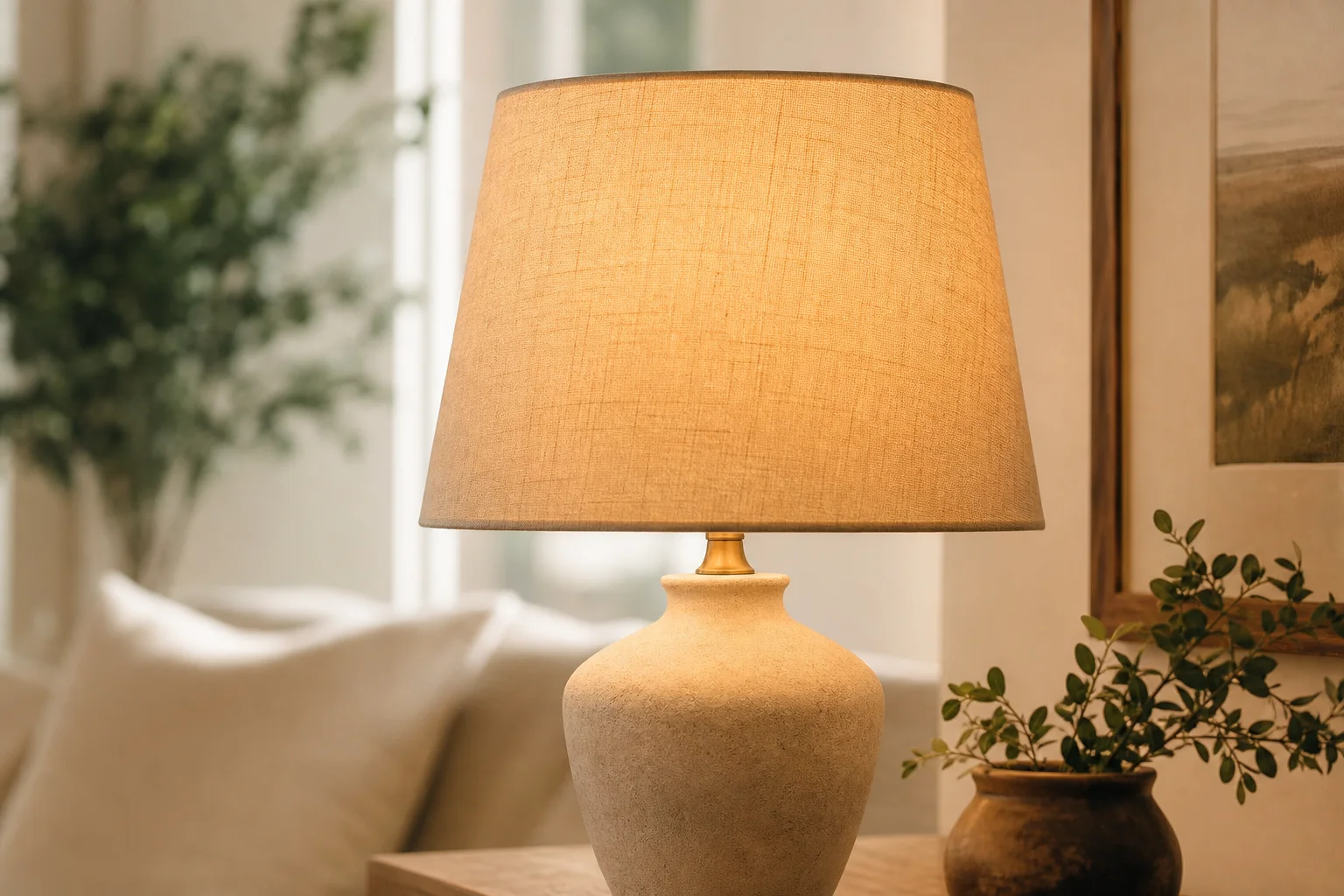 Warm table lamp with a well-proportioned shade beside neutral decor