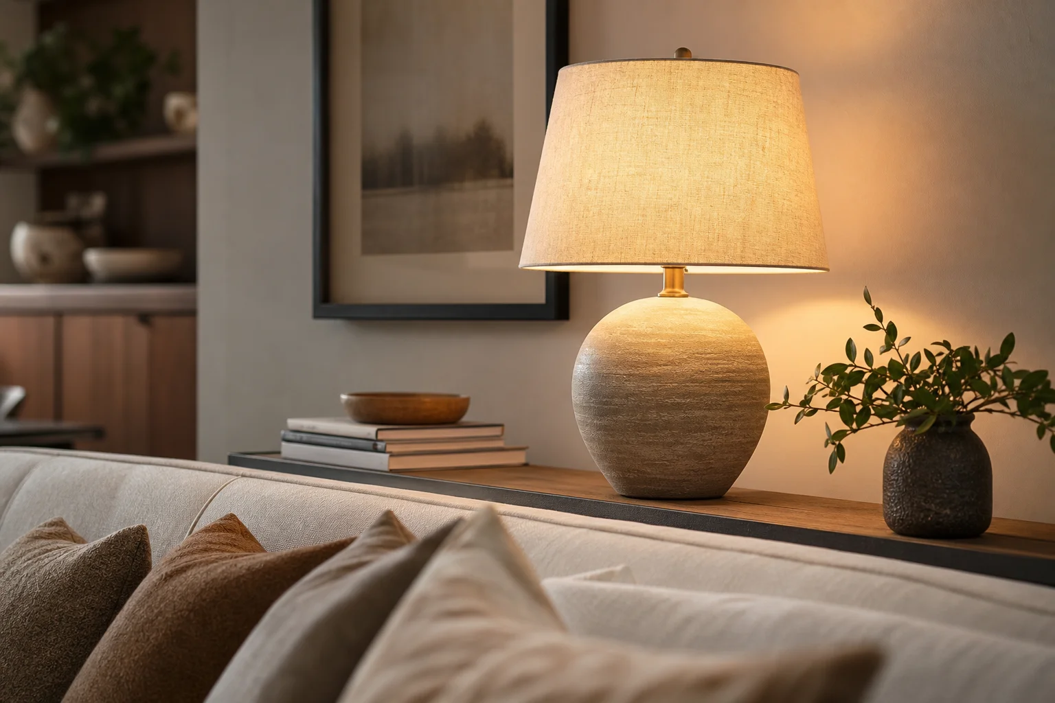 Warm table lamp sized in proportion to a console and side table
