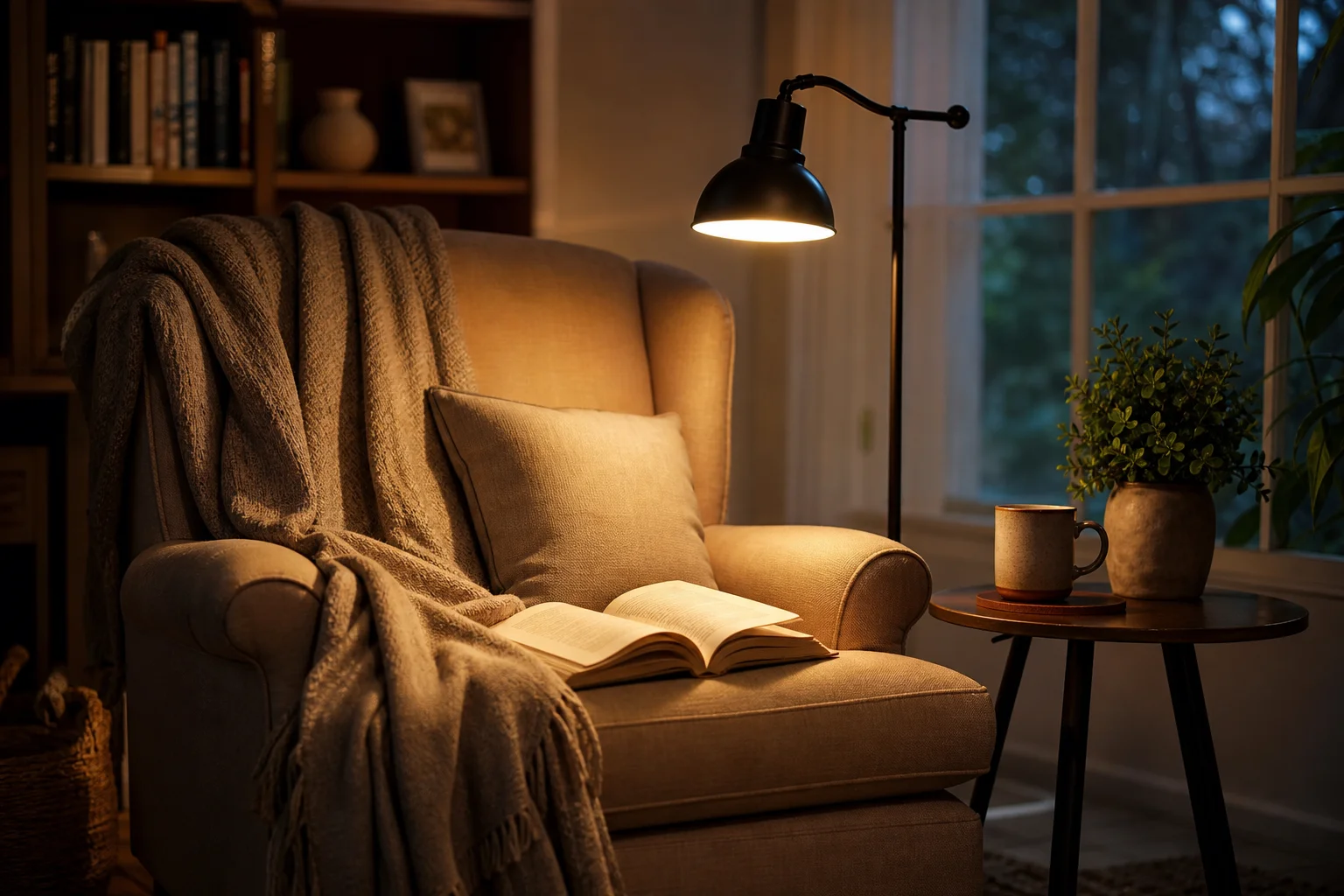 Warm focused reading light positioned beside a comfortable chair