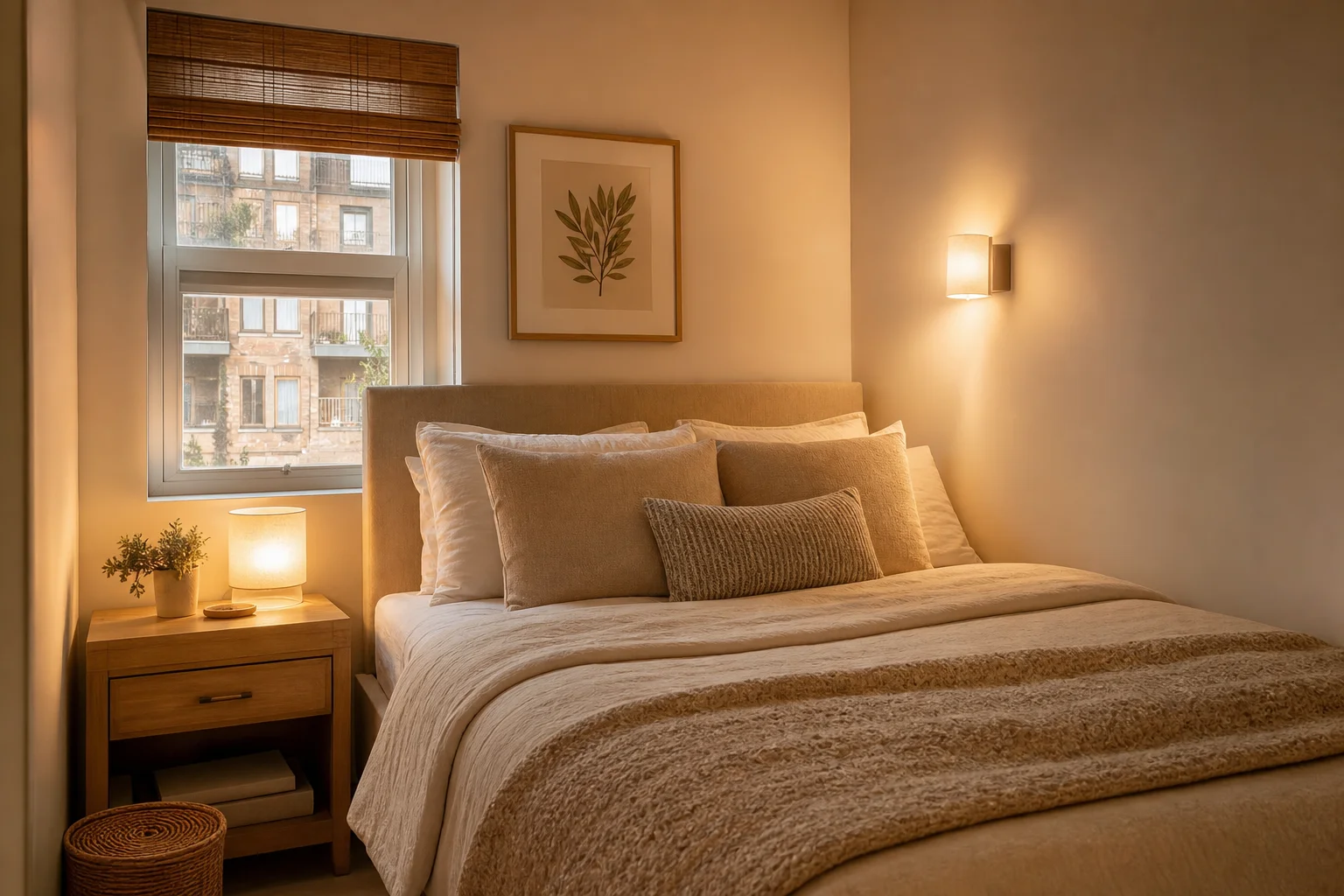 Compact warm lamp lighting a small, calm bedroom nightstand
