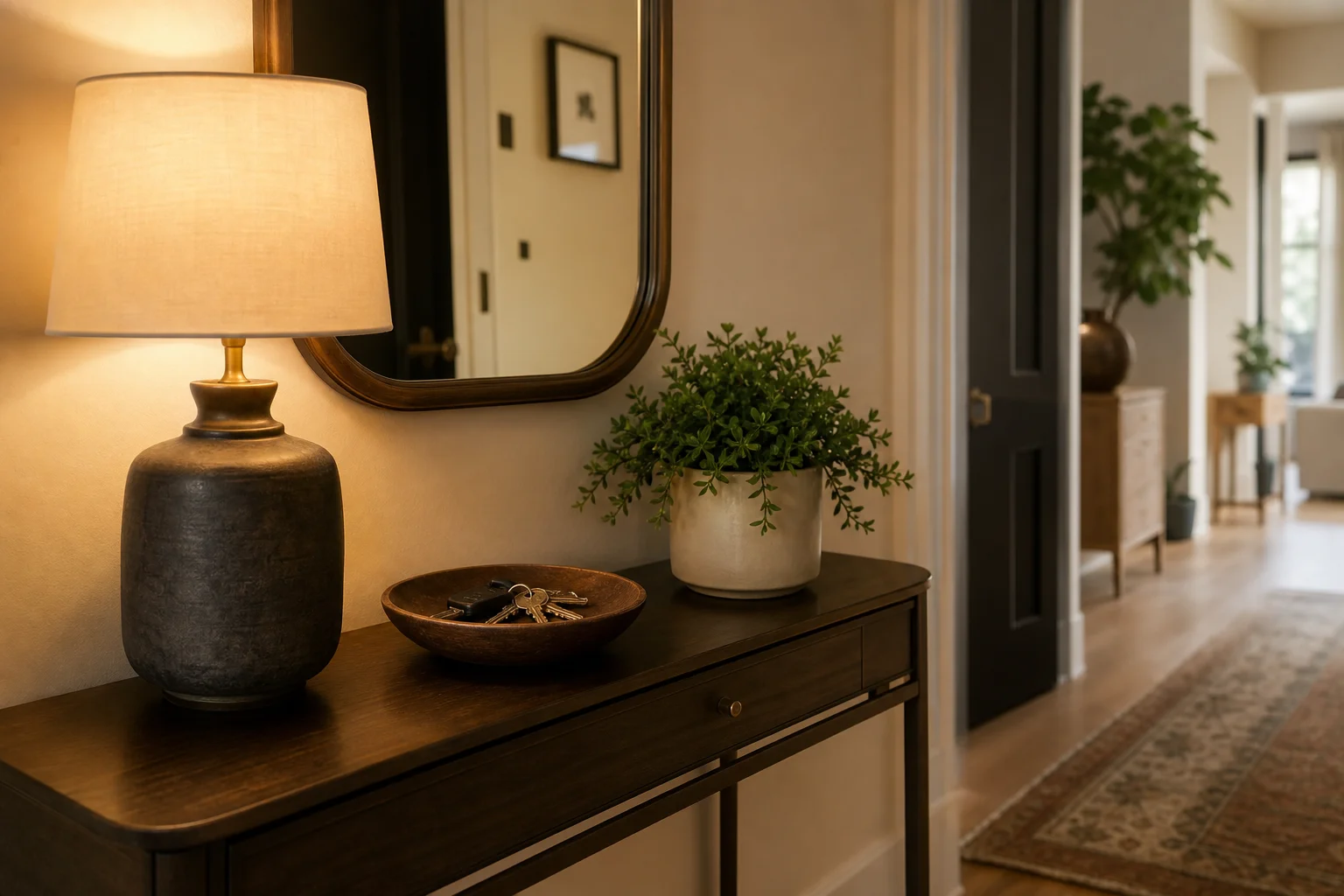 Warm lamp lighting a welcoming entryway console table