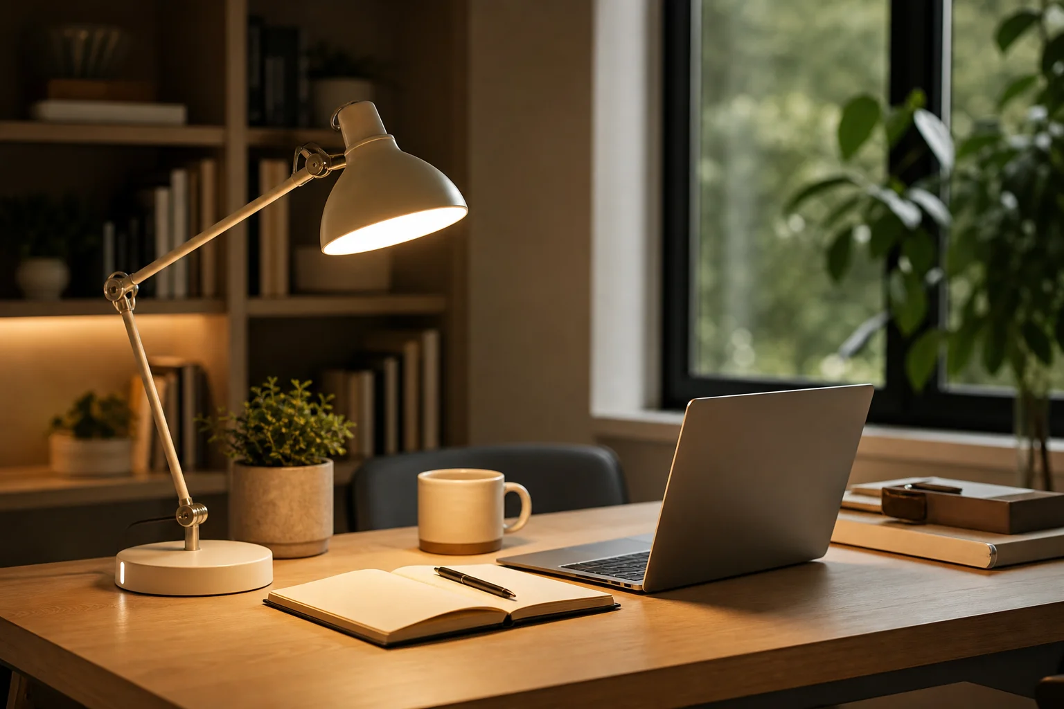 Warm desk lamp positioned for comfortable home office work