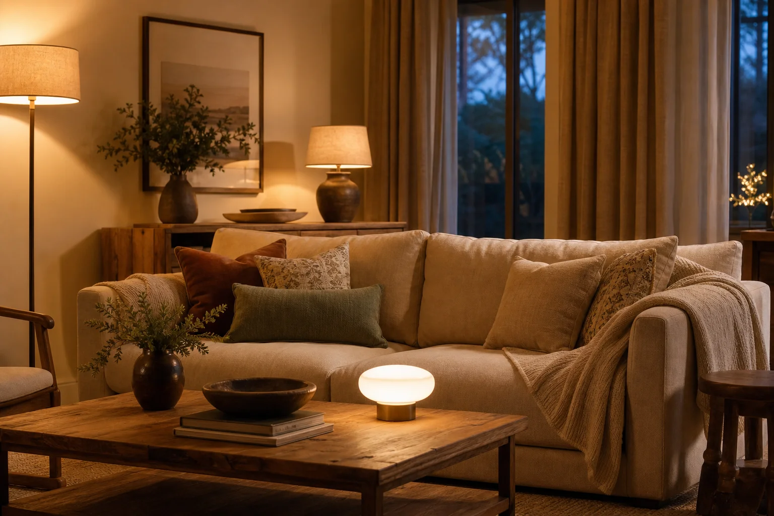 Warm layered lighting arranged across a comfortable living room