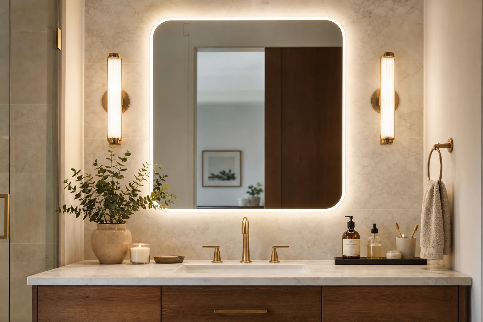 Warm even lighting illustrating a well-lit bathroom vanity mirror