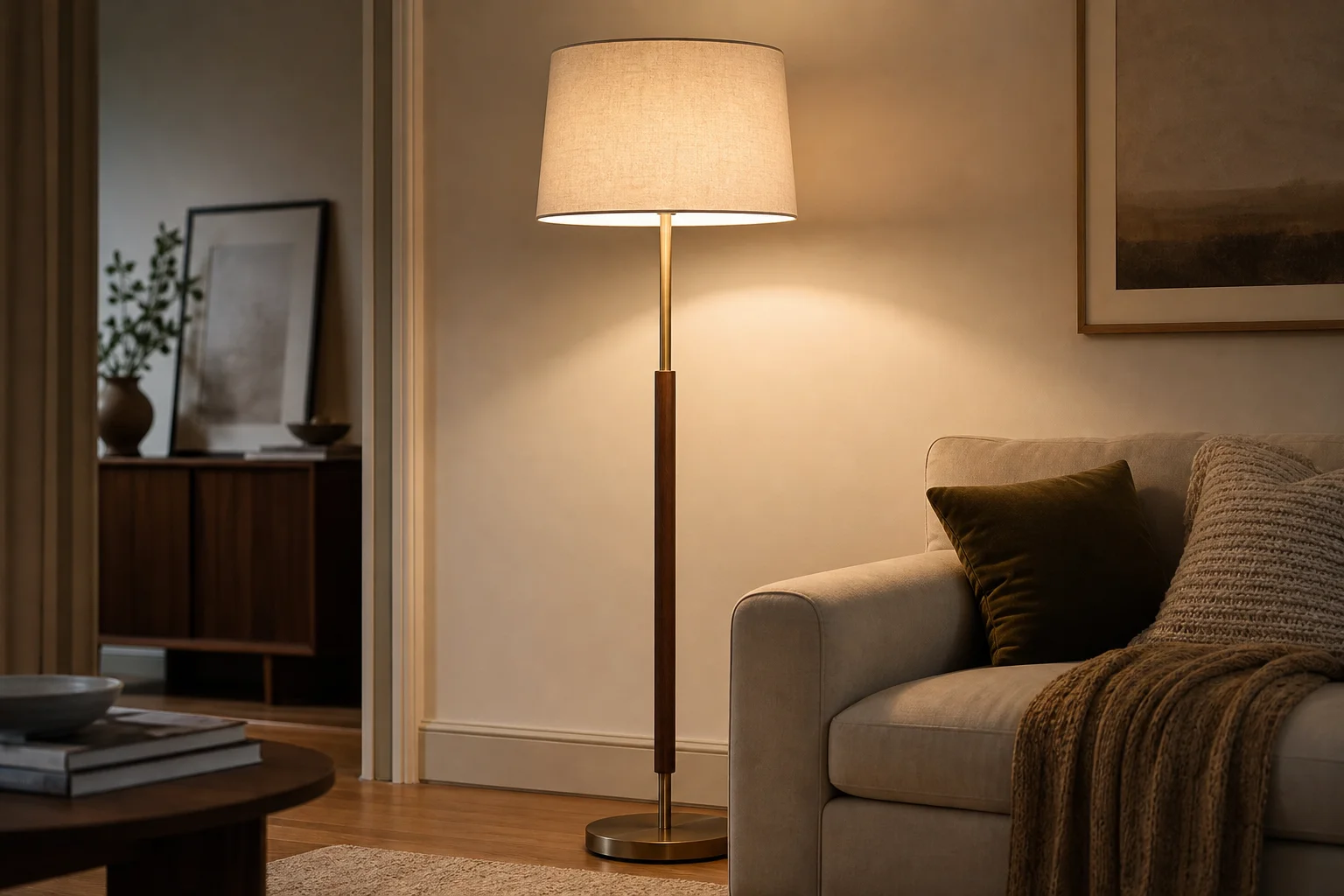 Warm floor lamp providing layered light beside living room seating