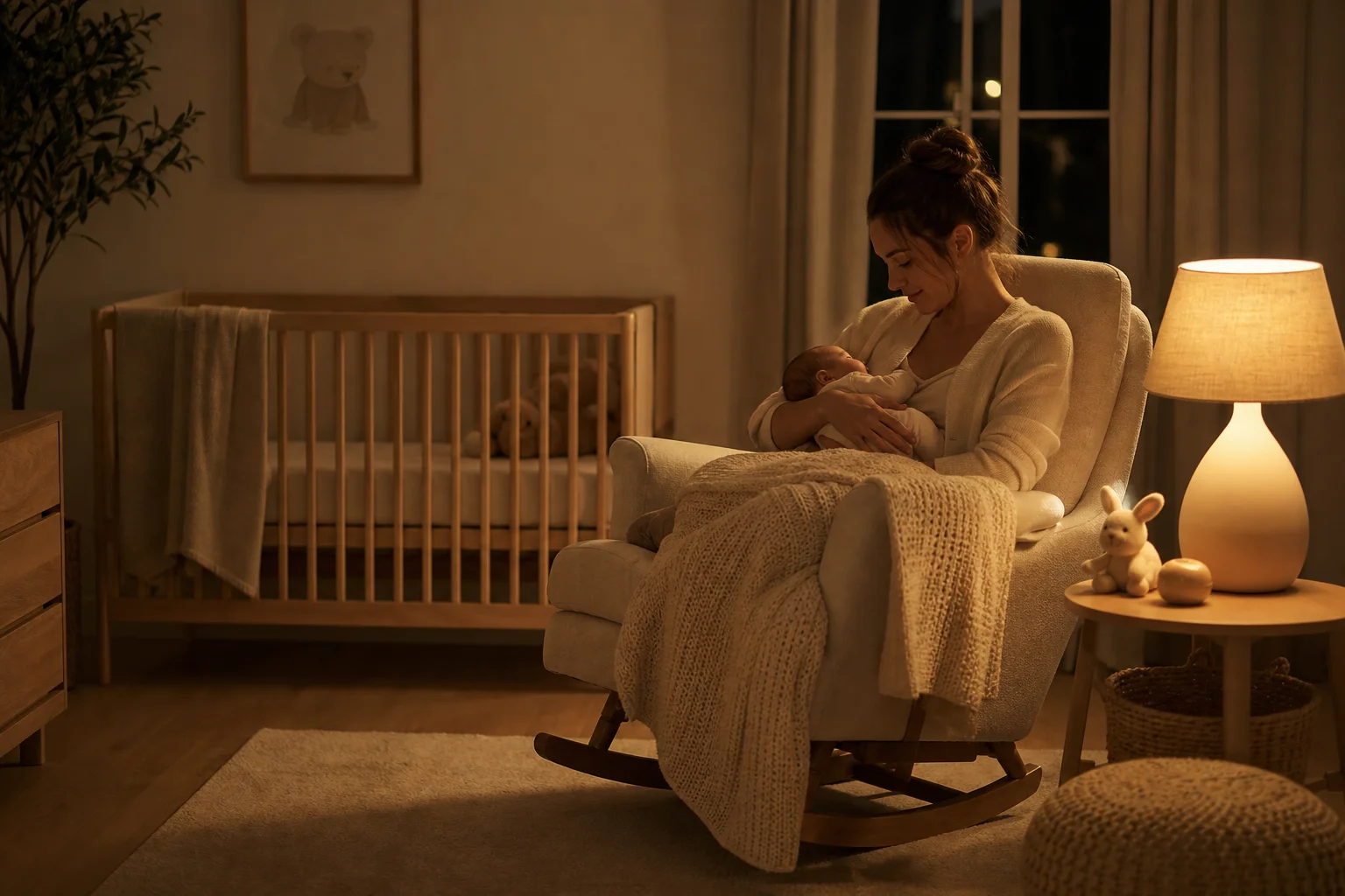 Soft warm lamp creating a calm glow in a nursery