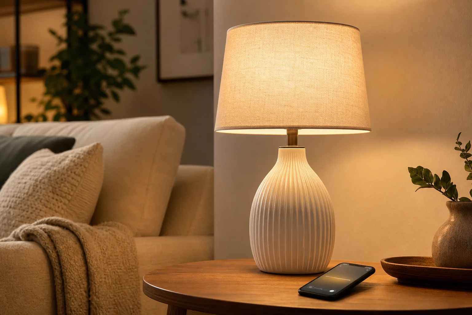 Warm smart bulb glowing in a lamp controlled by an app