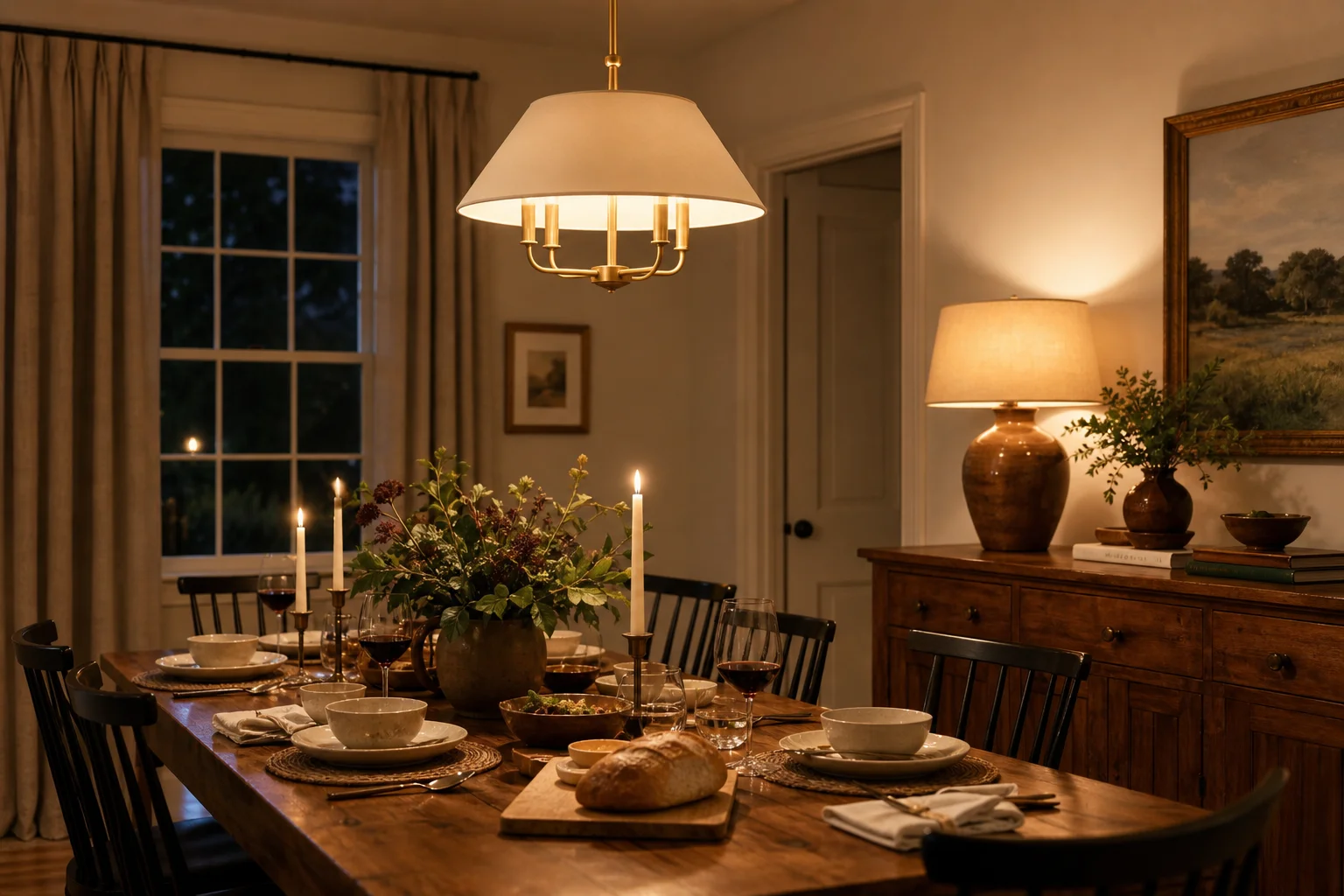Warm layered lighting arranged over a welcoming dining table