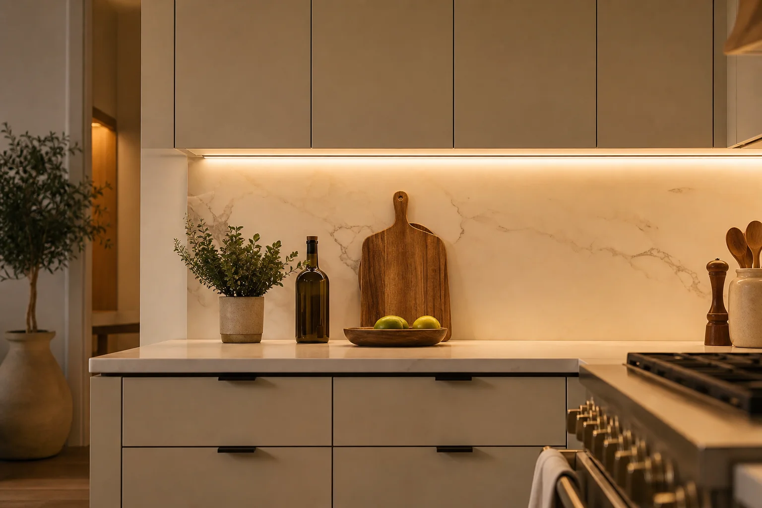 Warm under-cabinet lighting brightening a kitchen counter workspace