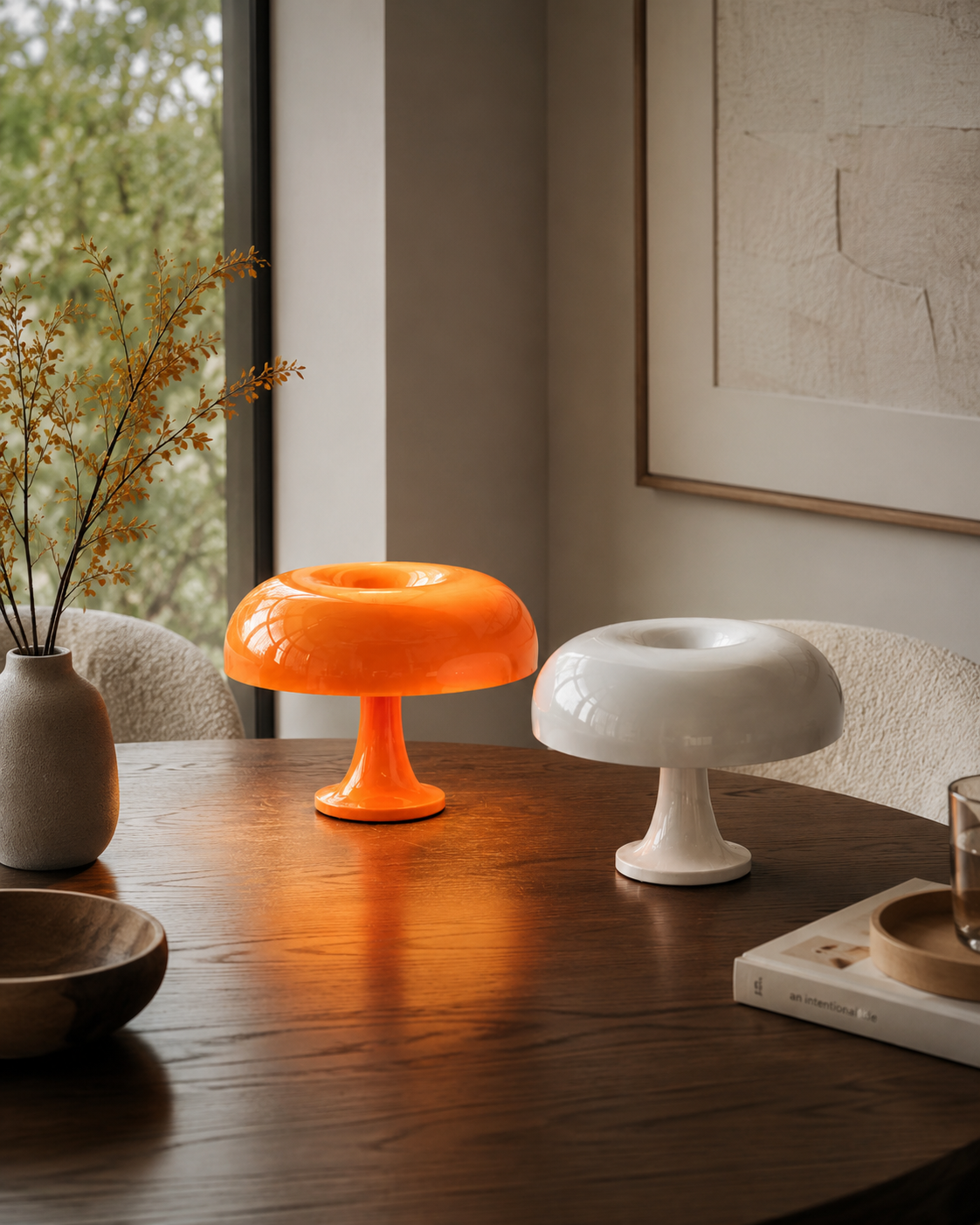 Mushroom Table Lamp styled beside the sofa