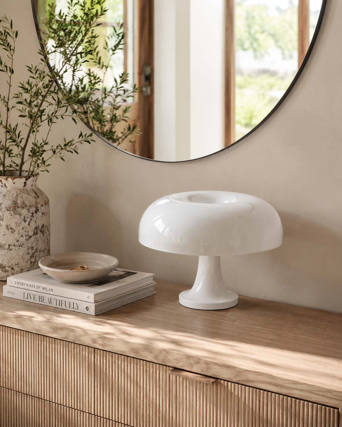 Mushroom Table Lamp styled on a window console
