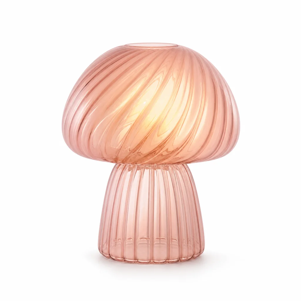 Striped Mushroom Table Lamp styled beside the sofa