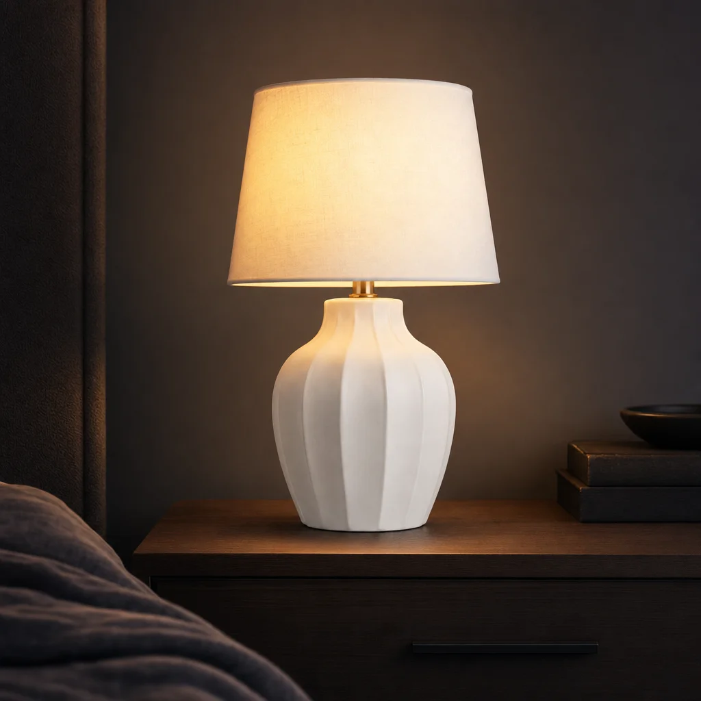 Fluted Ceramic Bedside Lamp styled beside the sofa