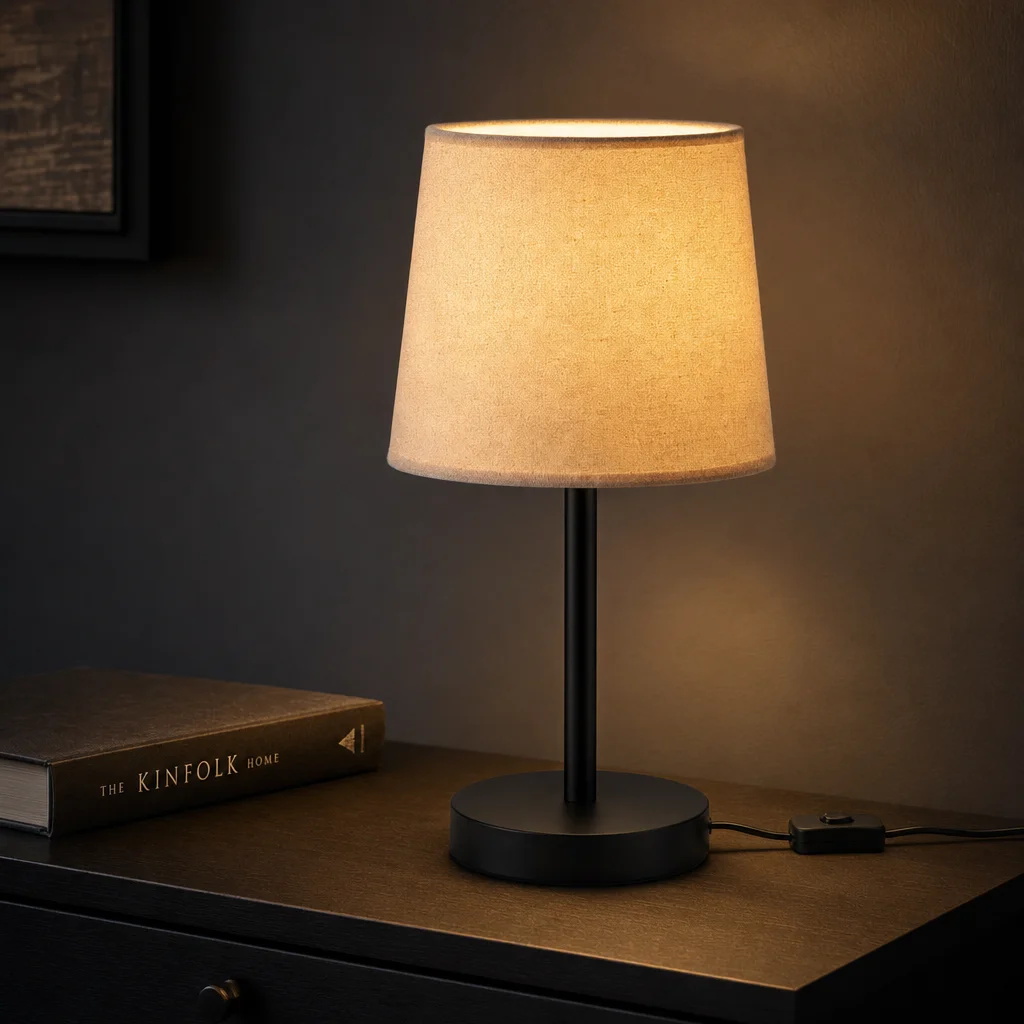 Linen Shade USB Bedside Lamp styled beside the sofa