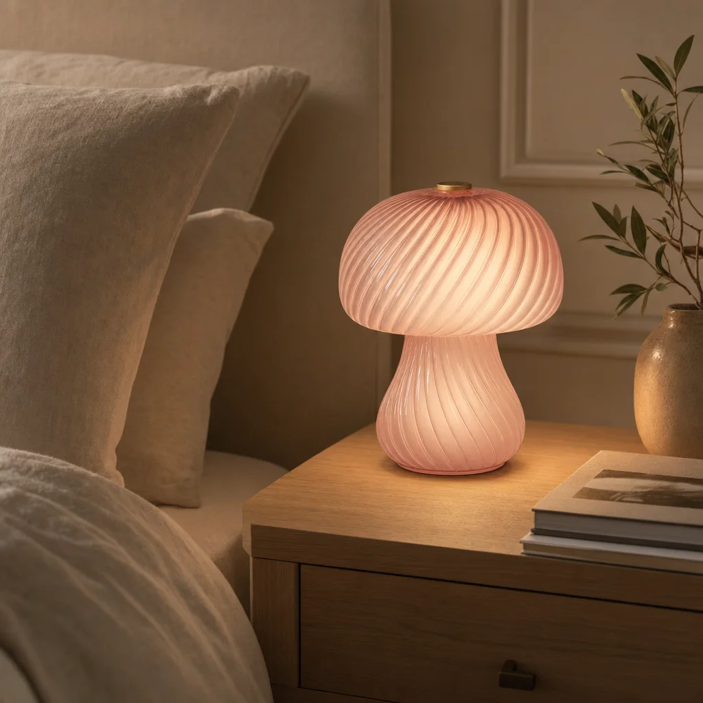 Striped Mushroom Table Lamp styled on a window console