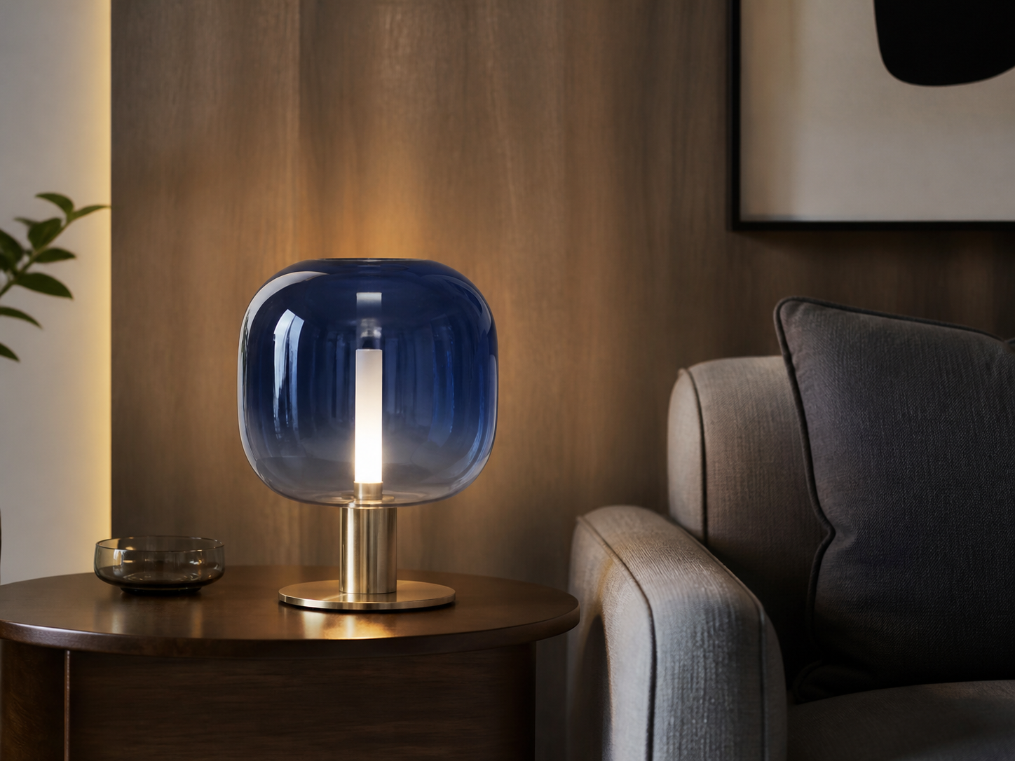 Nordic Glass Table Lamp | Burgundy, Blue & Ivory in a styled room