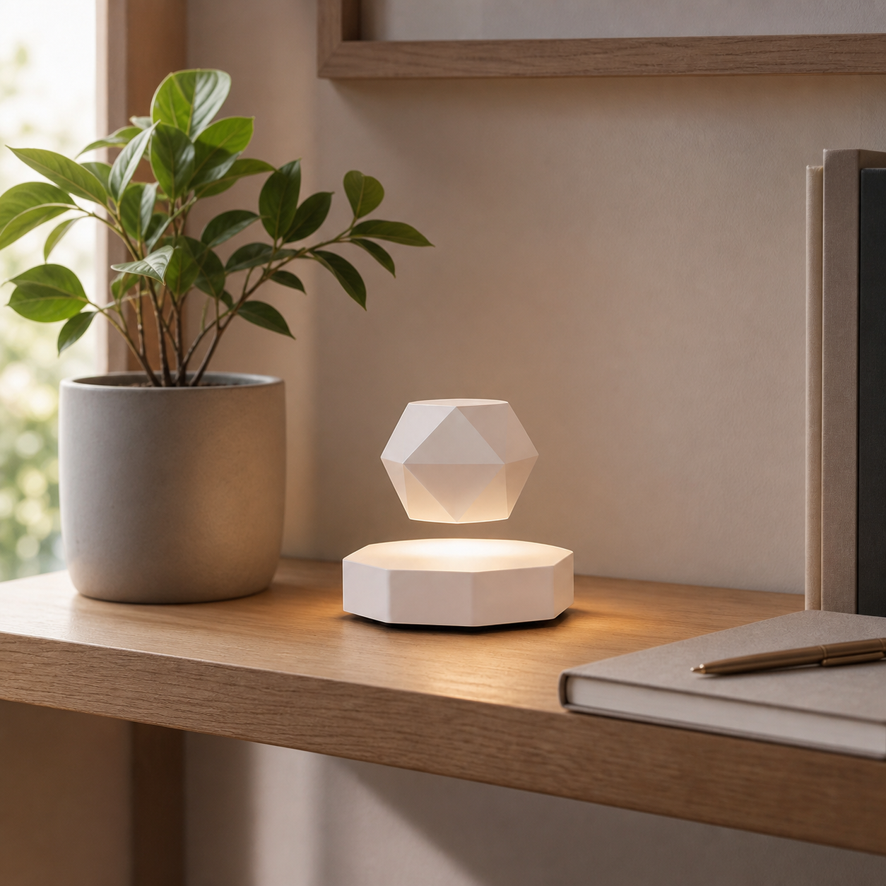 Floating Geometric Night Light | Anti-Gravity Lamp styled on a quiet bedside