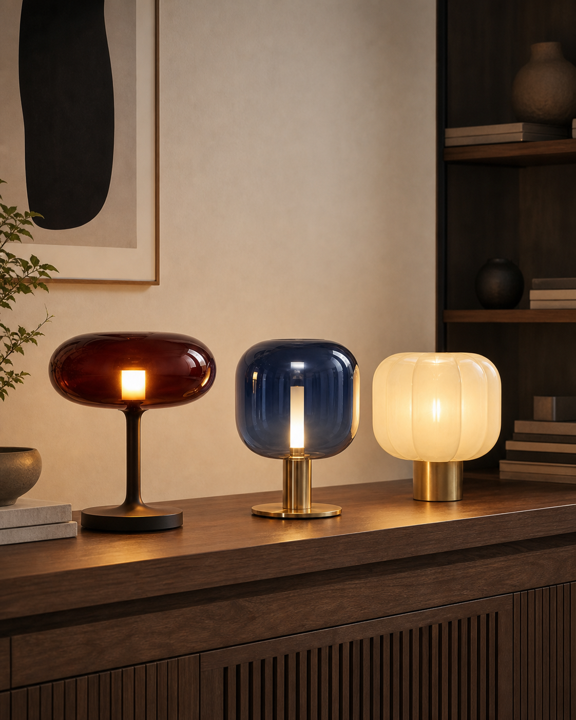 Nordic Glass Table Lamp | Burgundy, Blue & Ivory styled on a window console