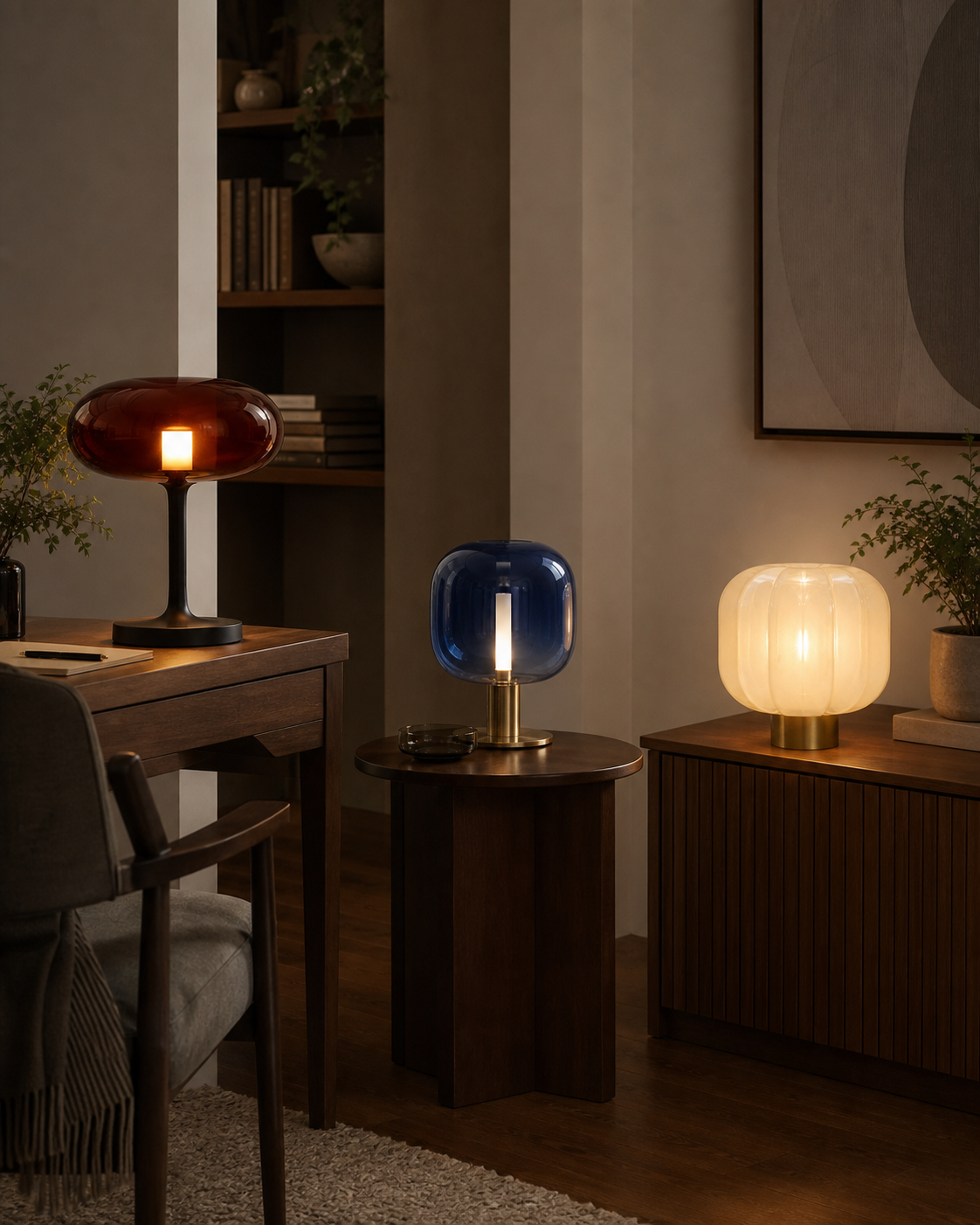 Nordic Glass Table Lamp | Burgundy, Blue & Ivory styled at the desk after dark