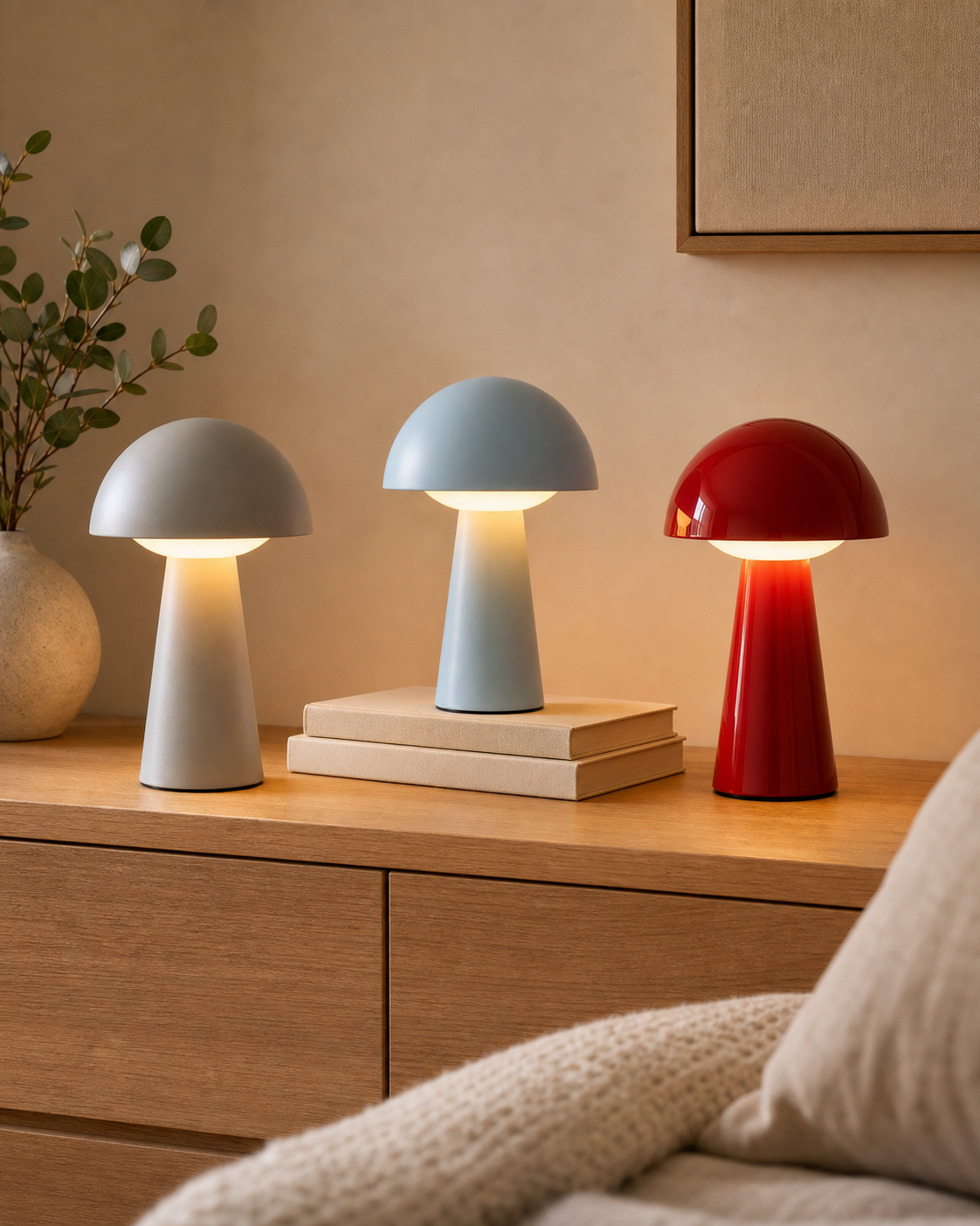 Rechargeable Mushroom Table Lamp | Grey, Blue & Red styled beside the sofa