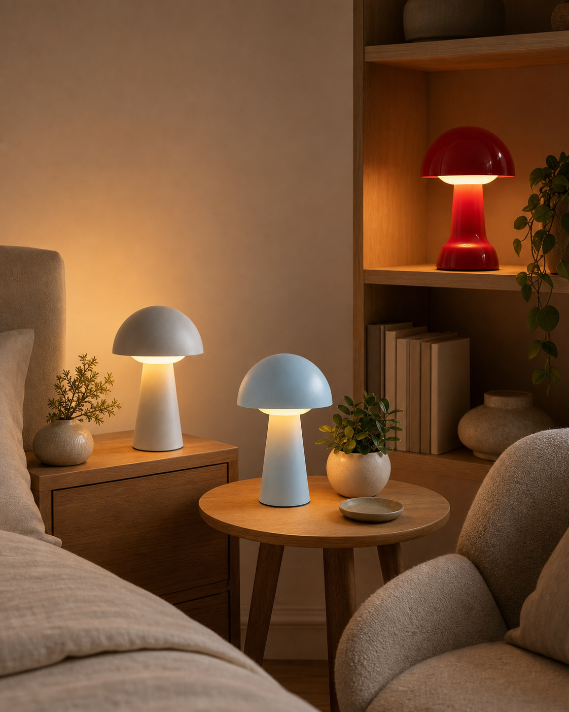 Rechargeable Mushroom Table Lamp | Grey, Blue & Red styled on a quiet bedside