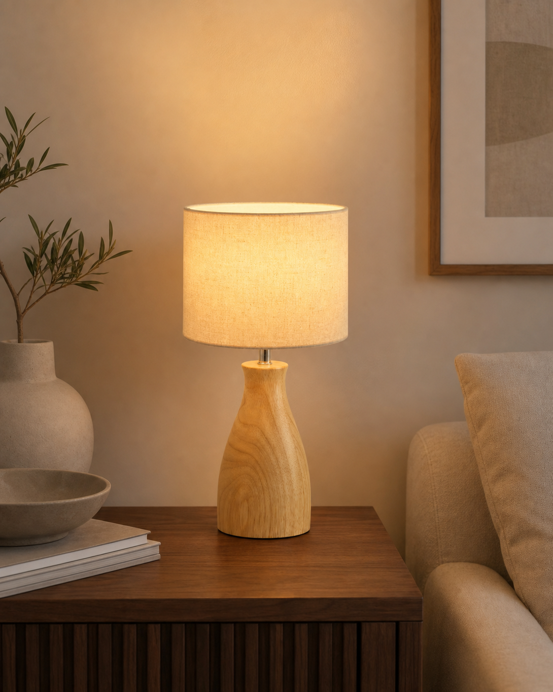 Nordic Linen Shade Table Lamp | E27 Wooden Base styled beside the sofa