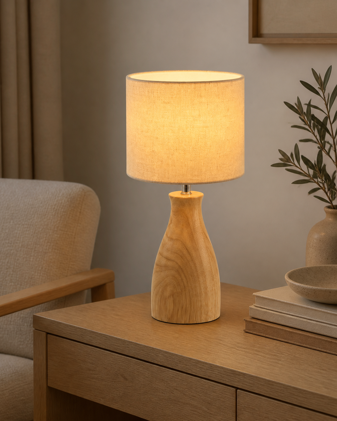 Nordic Linen Shade Table Lamp | E27 Wooden Base in a styled room