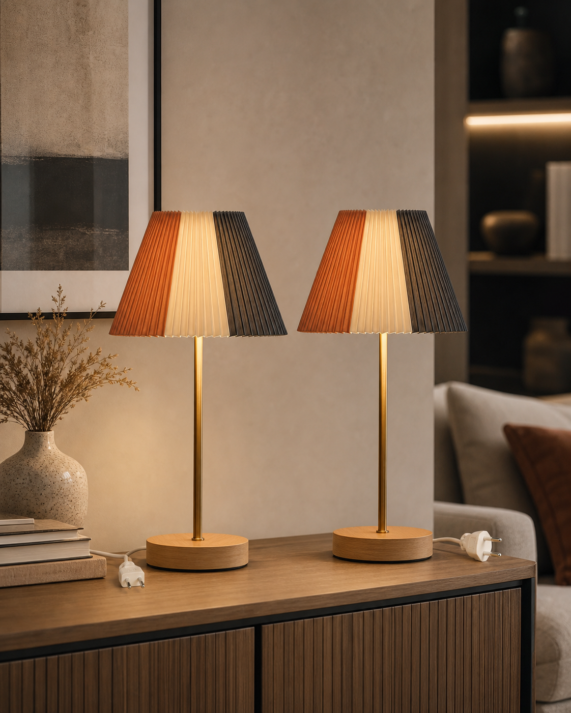 Pleated Tricolour LED Table Lamp | US & EU Plugs styled beside the sofa