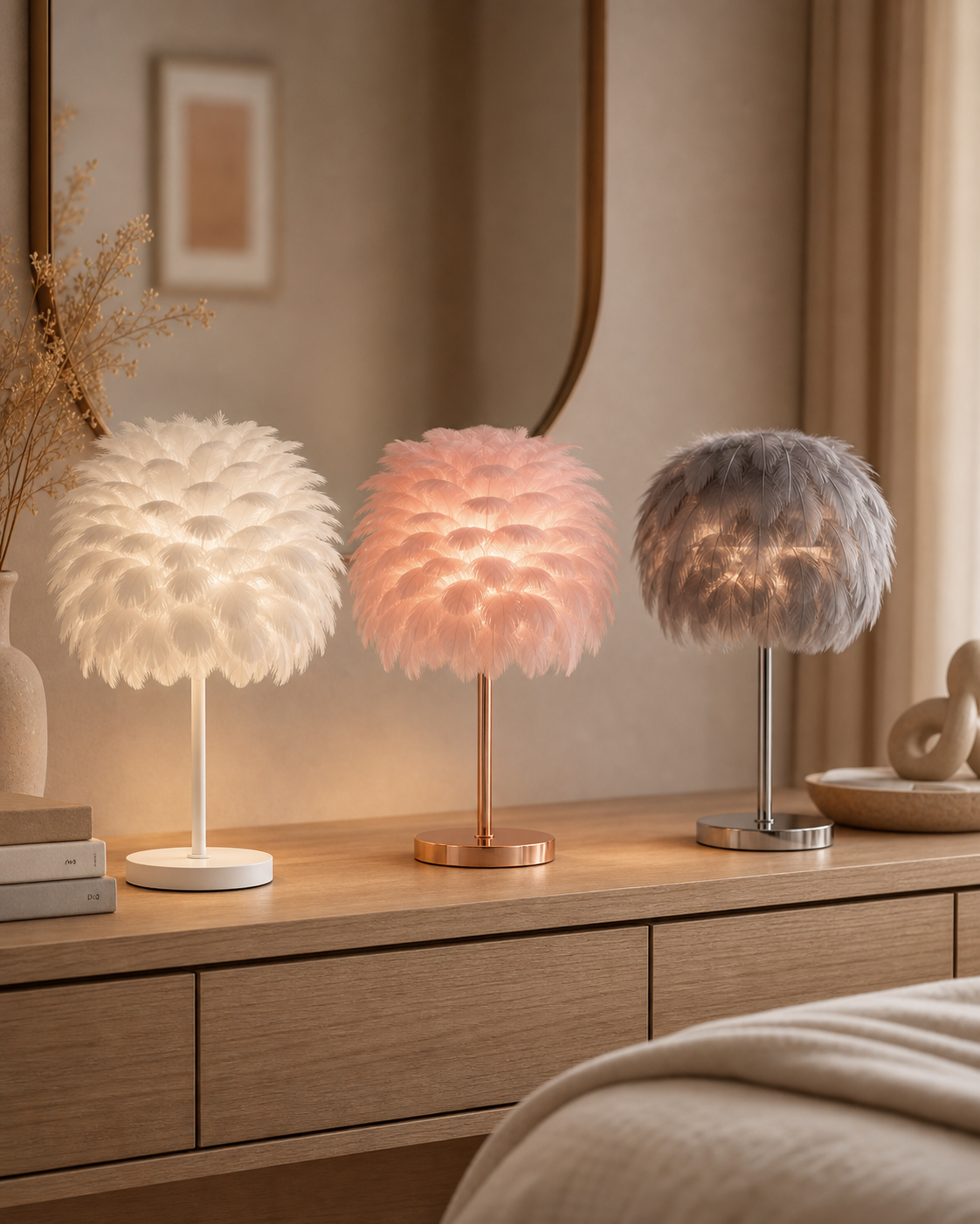 Feather Table Lamp | White, Pink & Grey styled beside the sofa
