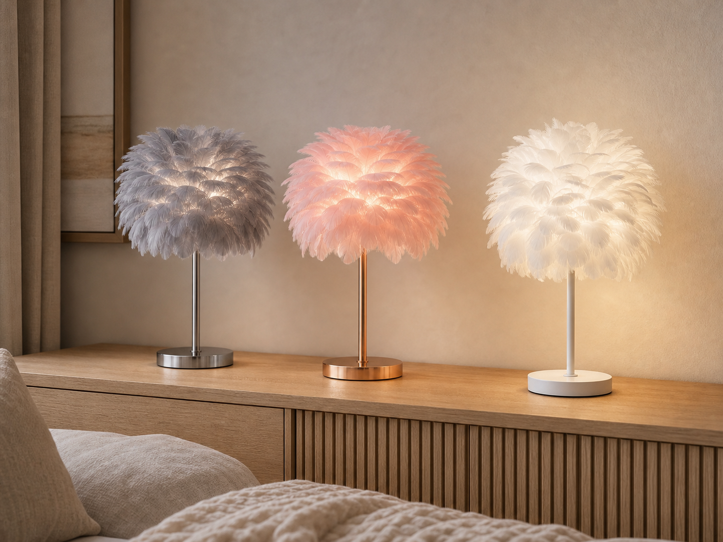 Feather Table Lamp | White, Pink & Grey in a styled room