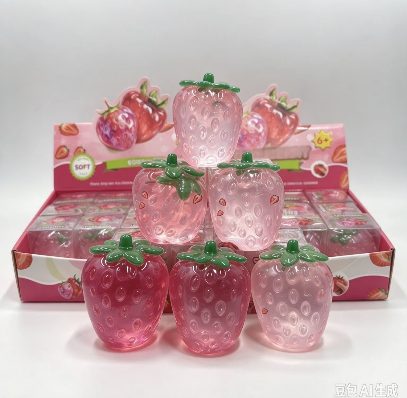 A stack of pink Crystal Strawberry squishies in front of their gift boxes