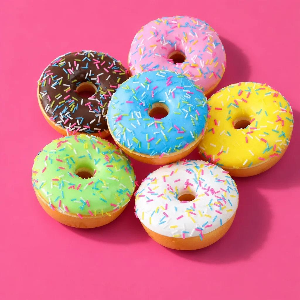Sugar Donut squishies in six glaze colours
