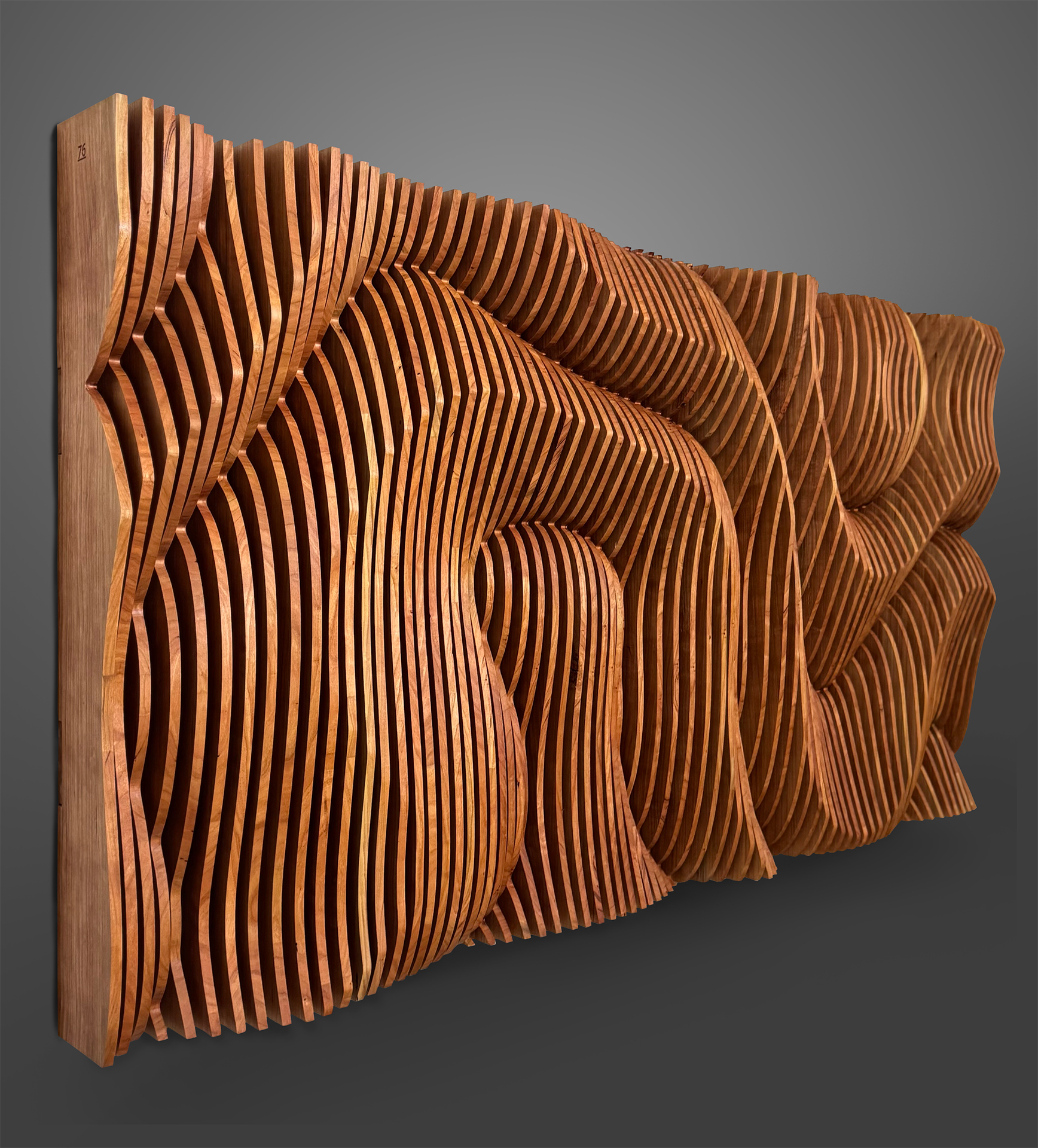 Crimson Horizon — a layered sculptural wall work by Whiskey Oaks Handmade, seen from the side