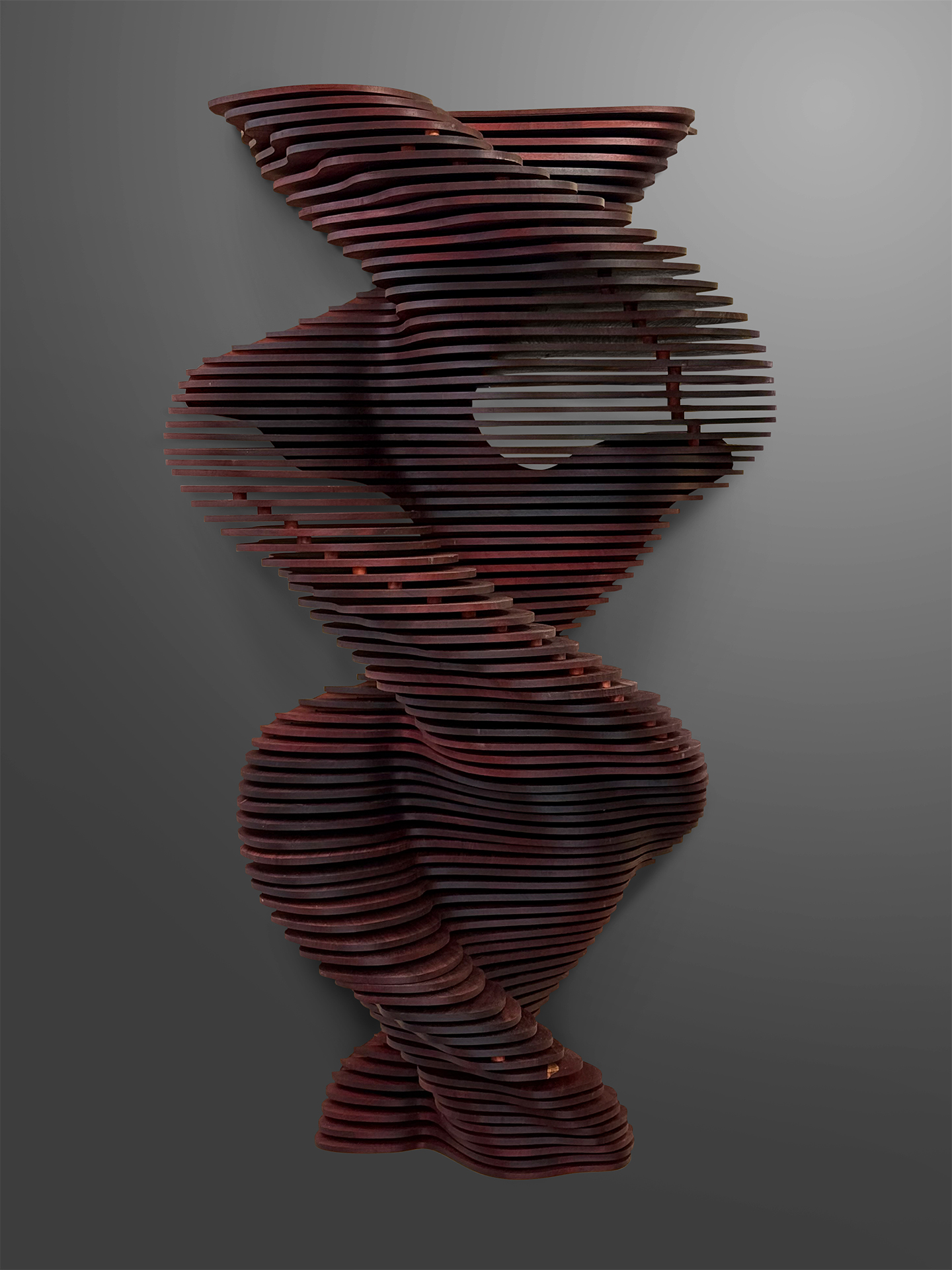 Scarlet Rhythm — a tall layered wall sculpture in padauk