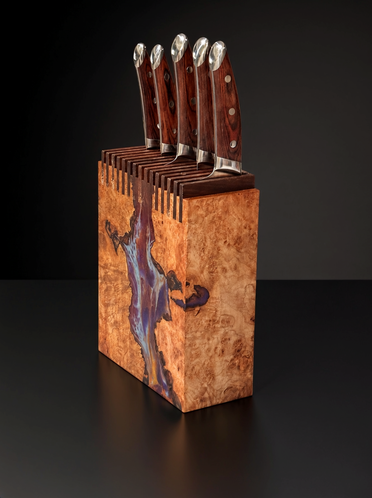 A one-of-a-kind handcrafted knife holder in maple burl, walnut and epoxy