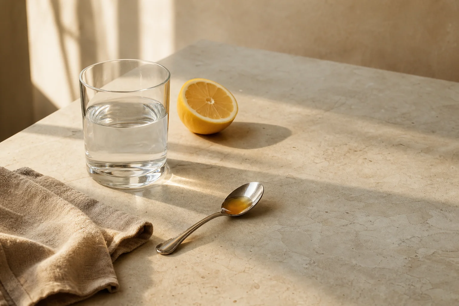 A calm morning counter: a glass of water, a teaspoon of golden liquid, linen and a halved lemon in window light