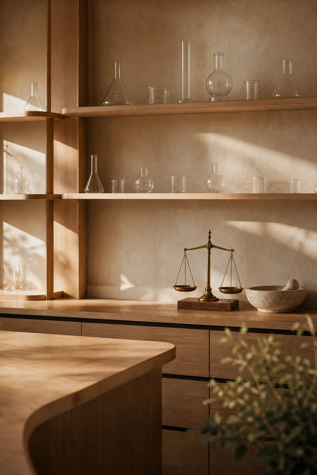 Pale oak shelving with glass beakers and a brass scale in late afternoon light