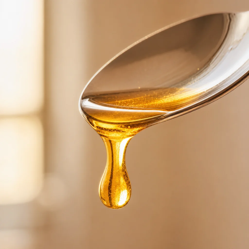 A slow drop of golden liquid falling from a silver teaspoon, backlit