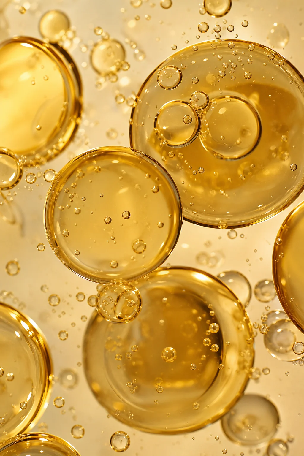 Macro study of small golden droplets suspended in clear liquid