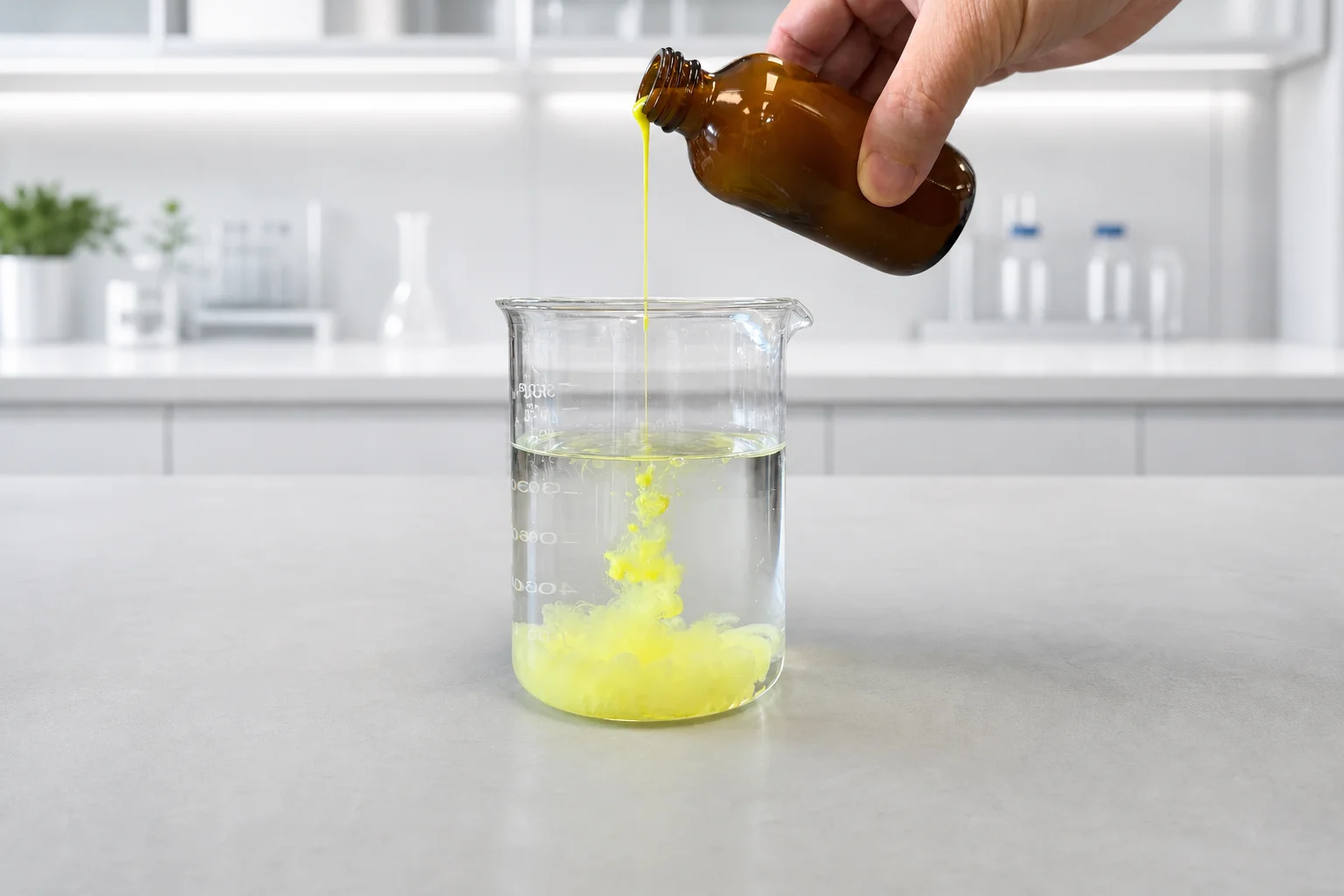 Golden liposomal liquid poured from an amber bottle into a beaker of water on a laboratory bench