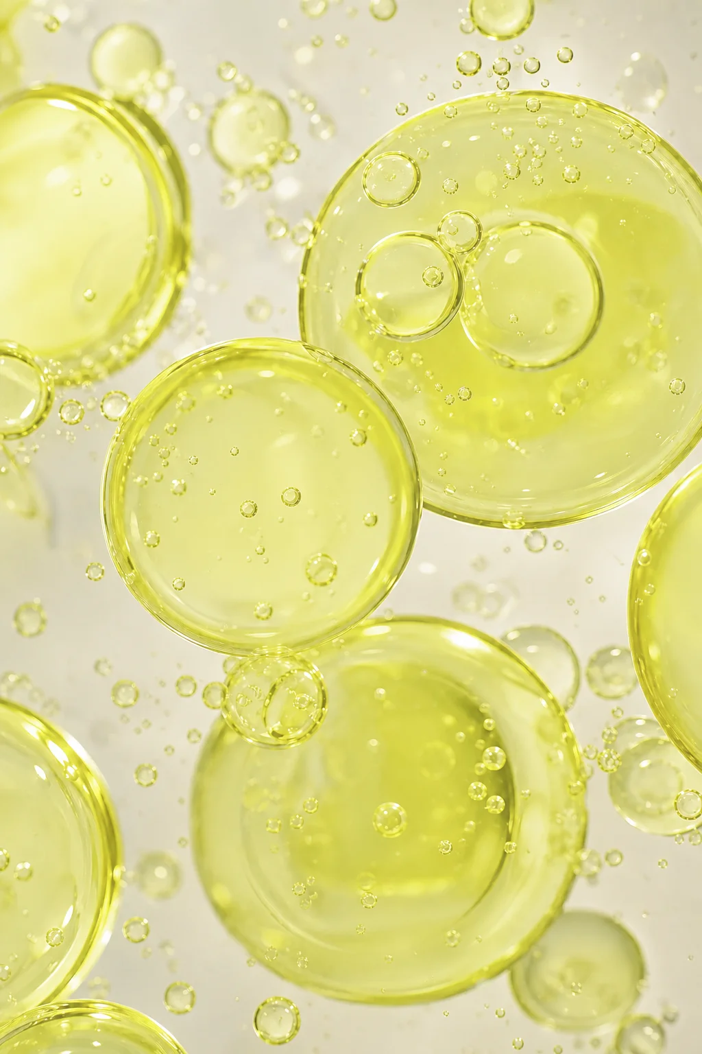 Macro study of small bright yellow droplets suspended in clear liquid