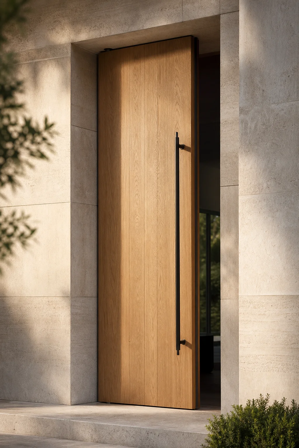 Solid white oak pivot entry door set into a honed limestone facade