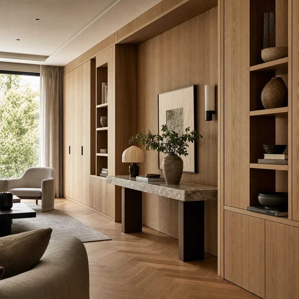 Living space with floor-to-ceiling white oak millwork and herringbone oak flooring