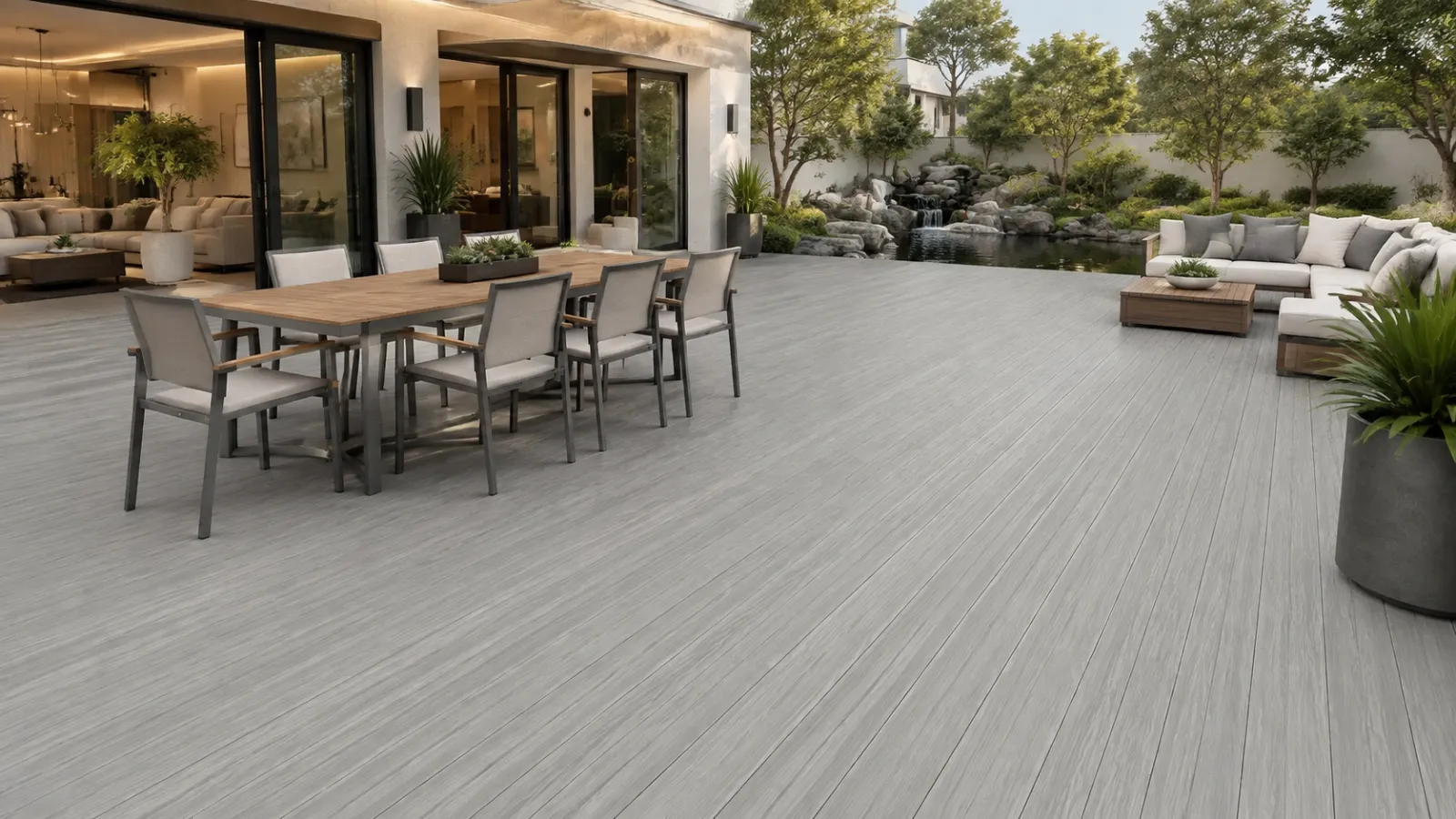 Grey composite deck terrace with outdoor dining set, lounge seating and a landscaped water feature