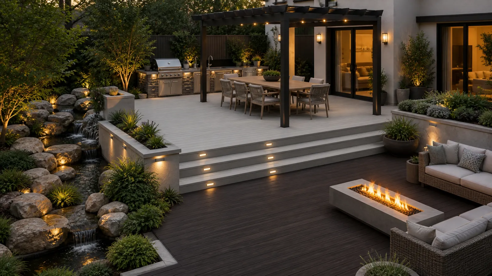 Composite deck and stone patio at dusk with pergola dining area, outdoor kitchen, fire table and lit water garden