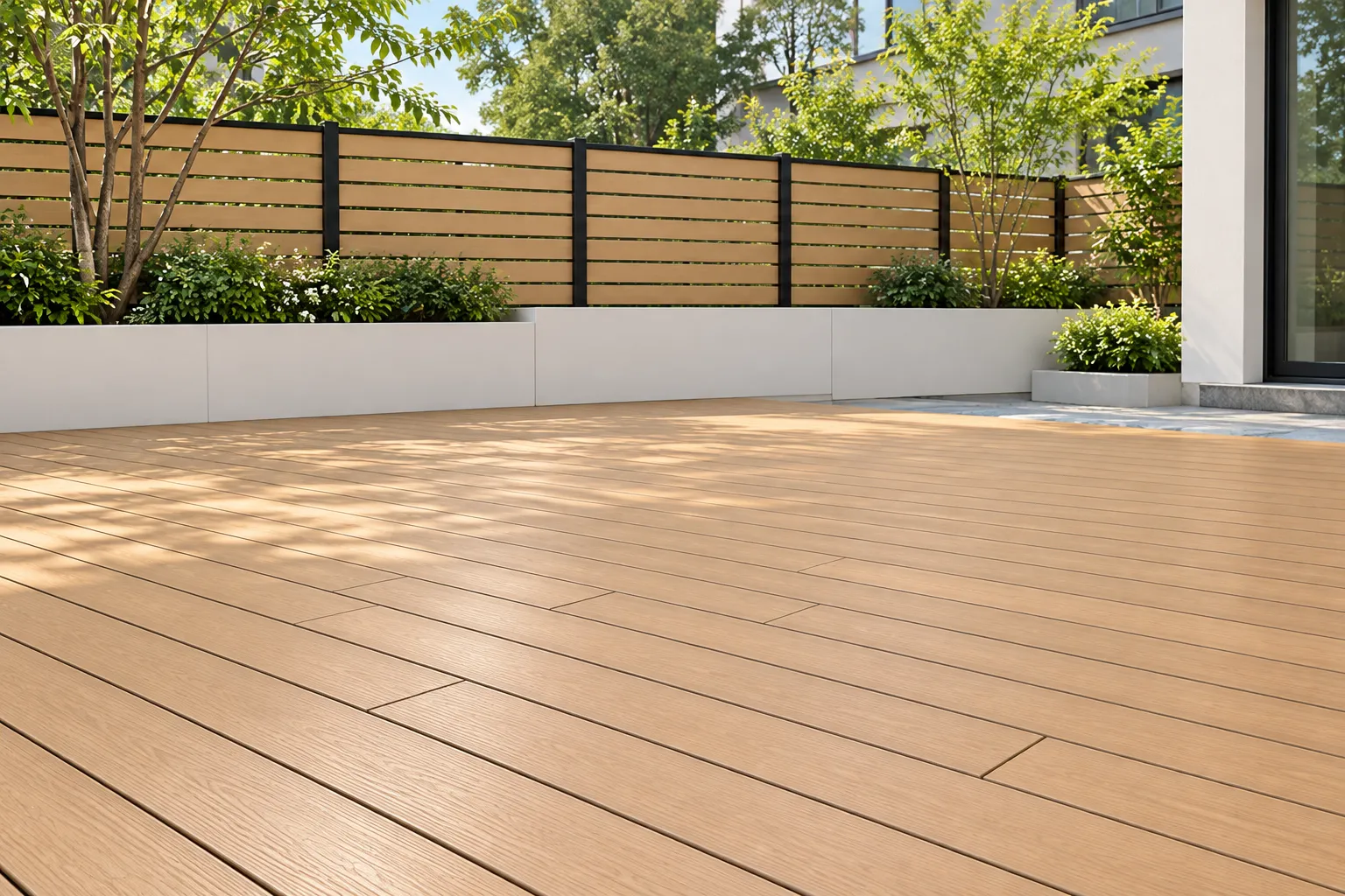Warm timber patio with a contemporary privacy screen
