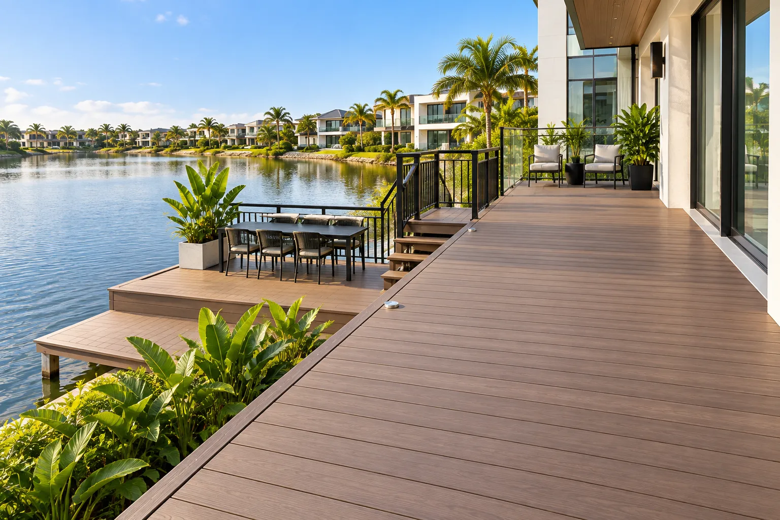 Timber deck with an outdoor dining area beside the water